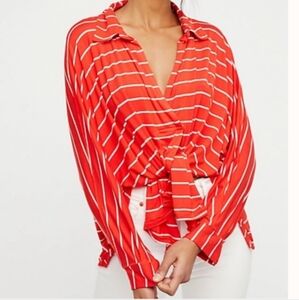 Free People We The Free Boho Oversized Dolman V Neck Long Sleeve Striped Top XS